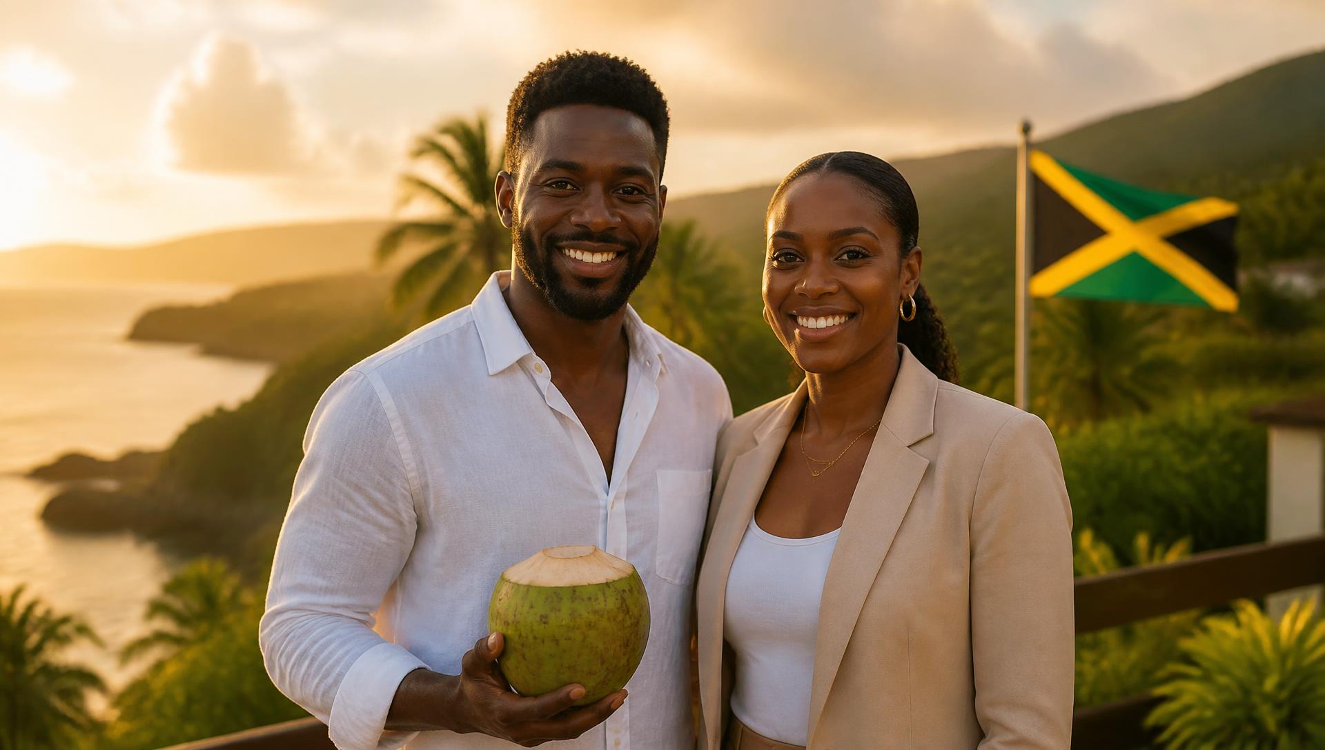 Jamaican entrepreneurs standing together at golden hour with the Jamaican flag and coastline behind them