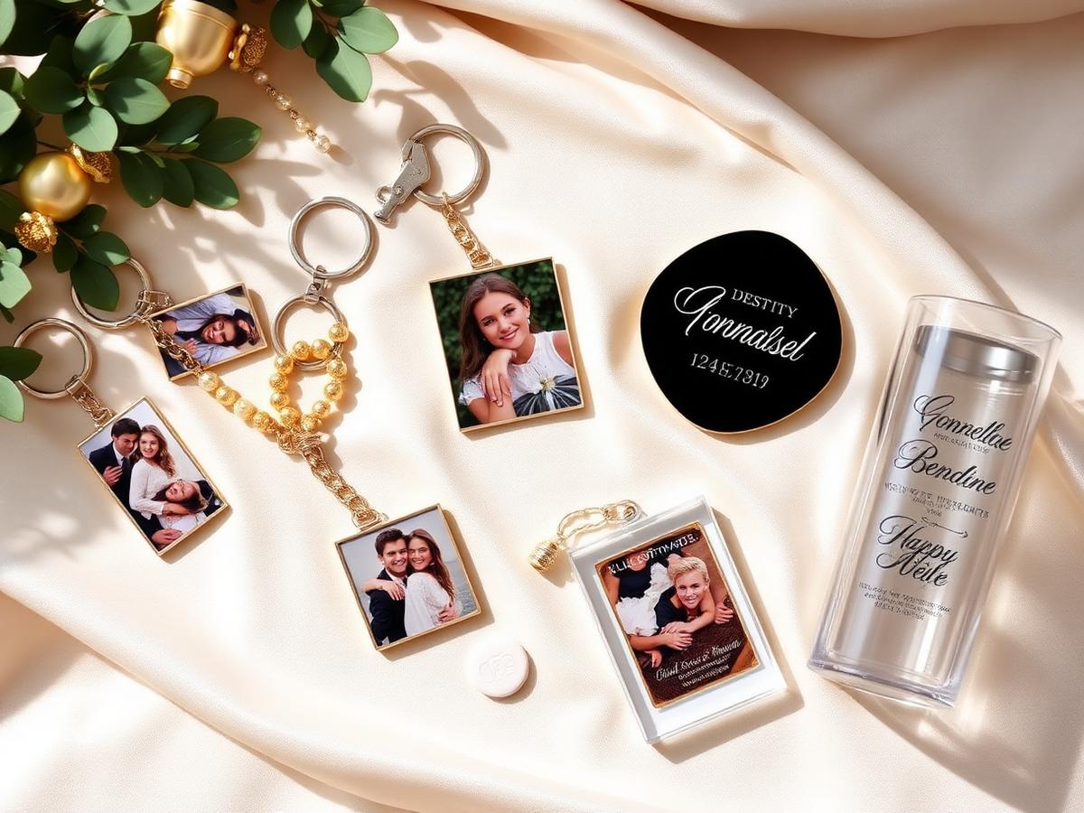 Personalized photo keychains, magnets and tumblers arranged on cream linen