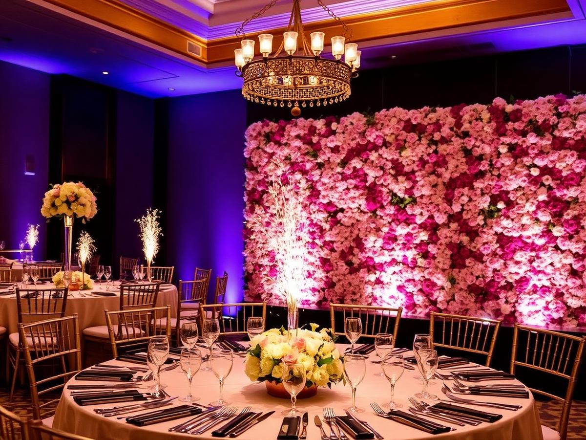 Cold sparks and a flower wall at an elegant reception