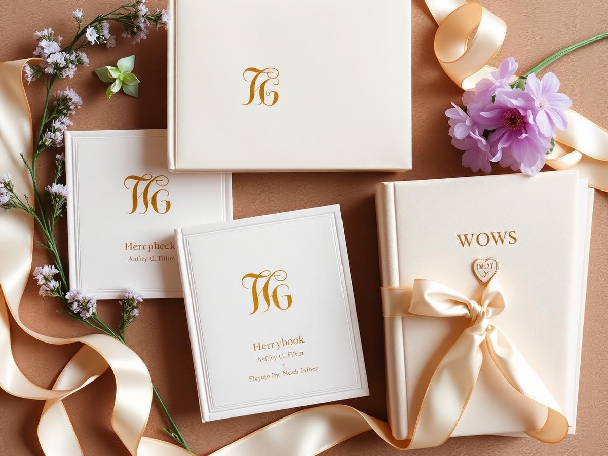 Hot foil stamped vow books and keepsakes with gold lettering